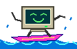 A smiling beige computer surfing a bright blue wave — Surf's up, net surfer!